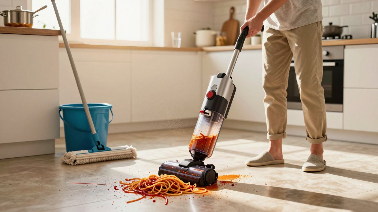 Person vacuuming spilled spaghetti and sauce from a kitchen floor with a cordless vacuum cleaner