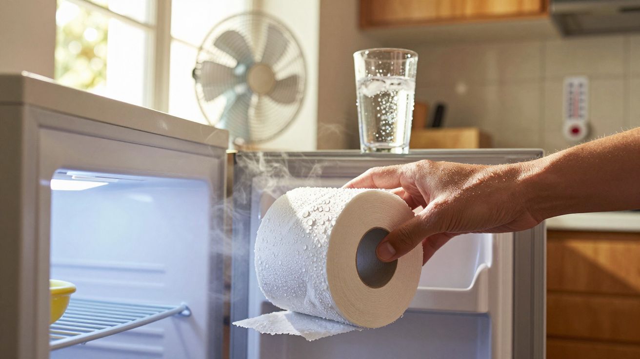 Hand holding a steaming cold roll of toilet paper in front of an open mini fridge with a glass on top.