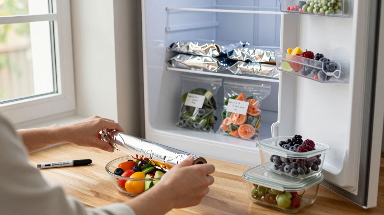 Person wrapping fresh salad bowl with silver cling film near organised fridge with fruits and vegetables inside.