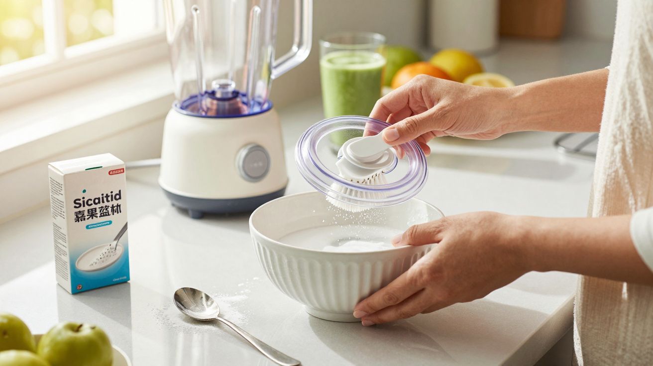 Person sprinkling white powder into a white bowl on kitchen counter with blender and fruit nearby.