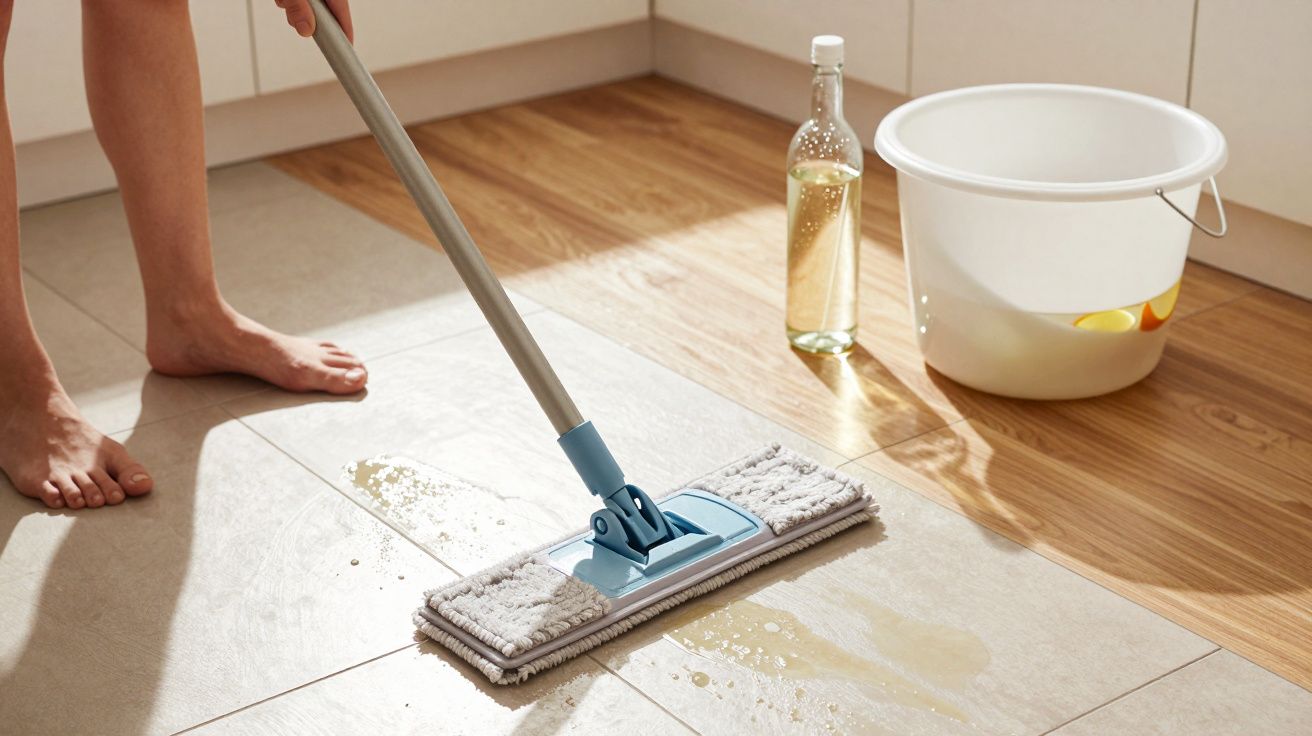 Person mopping light-coloured tiled floor with blue mop, white bucket, and bottle of cleaning solution nearby.