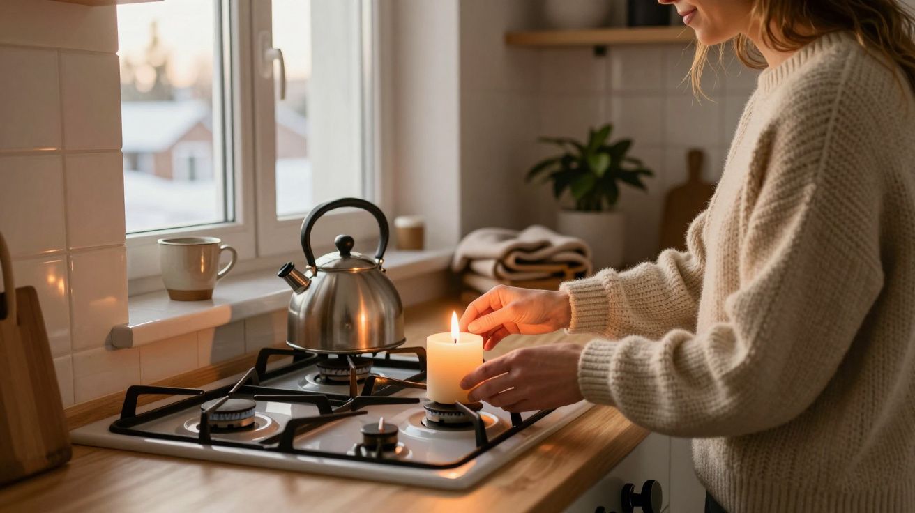 Person placing a lit candle on a kitchen gas stove next to a stainless steel kettle and window.