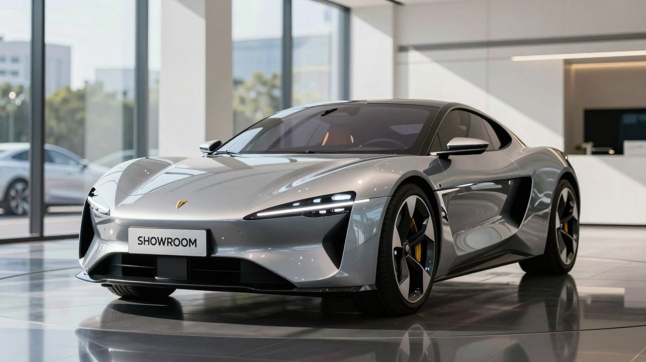 Sleek silver sports car with sharp headlights displayed inside a modern showroom with large windows.