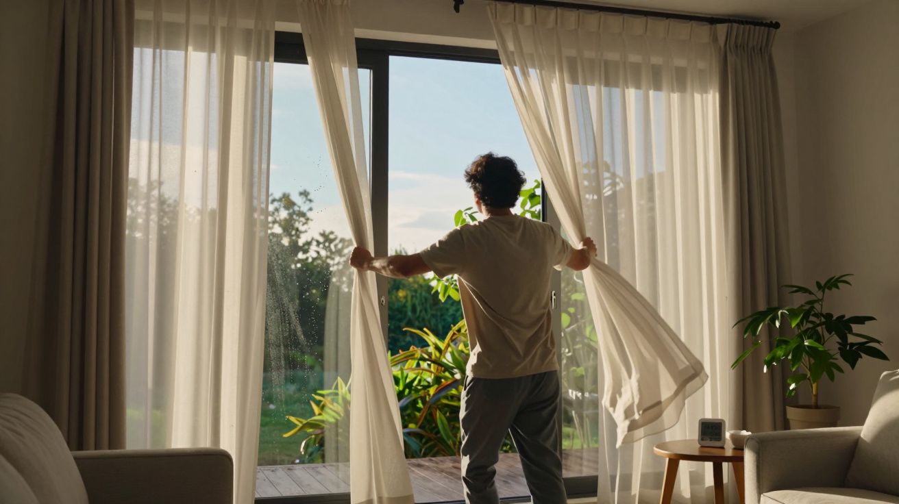 Person standing indoors opening sheer curtains to a sunlit garden in the morning.