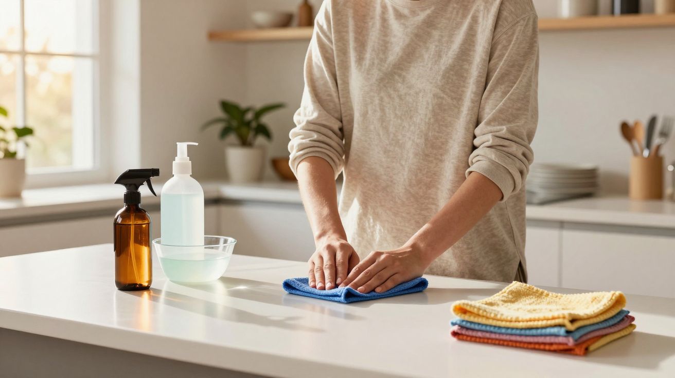 Person cleaning a white kitchen counter with a blue cloth and various cleaning bottles nearby.