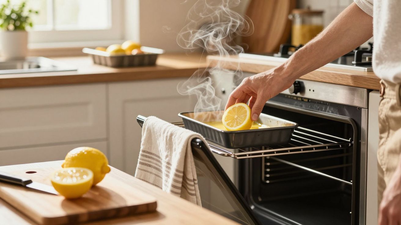Hand placing lemon halves in a steaming baking dish inside a modern kitchen oven.
