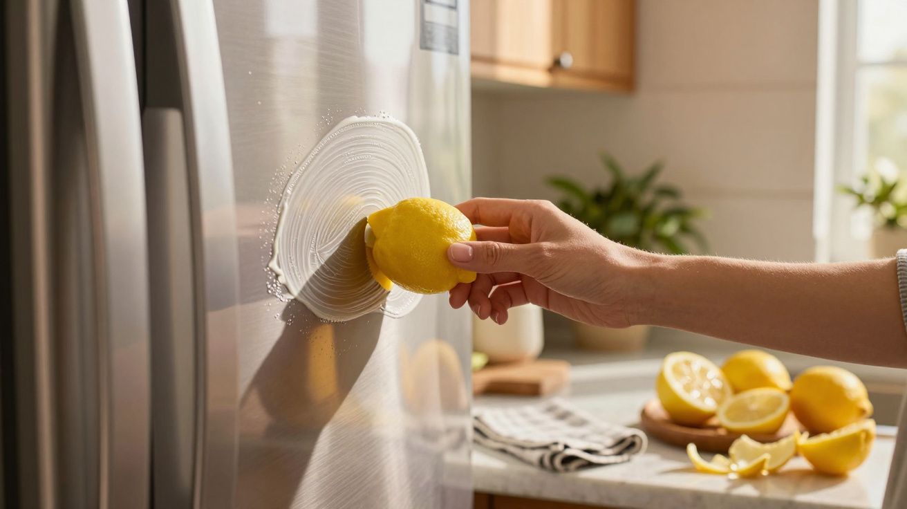Hand cleaning stainless steel fridge door using a lemon half and cream cleanser in a kitchen.