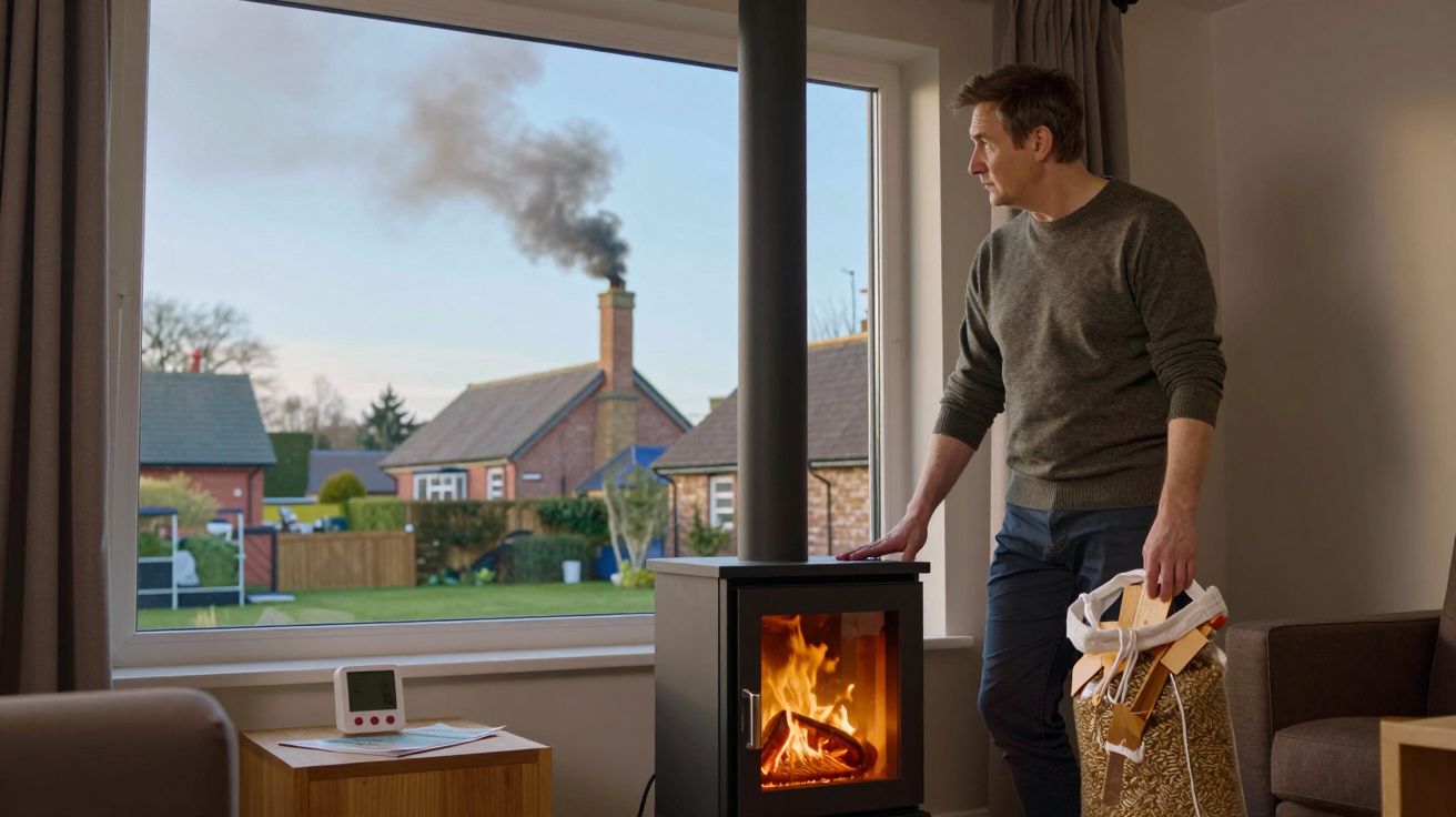 Man standing by a lit wood-burning stove indoors, holding a bag of firewood, looking out a large window.