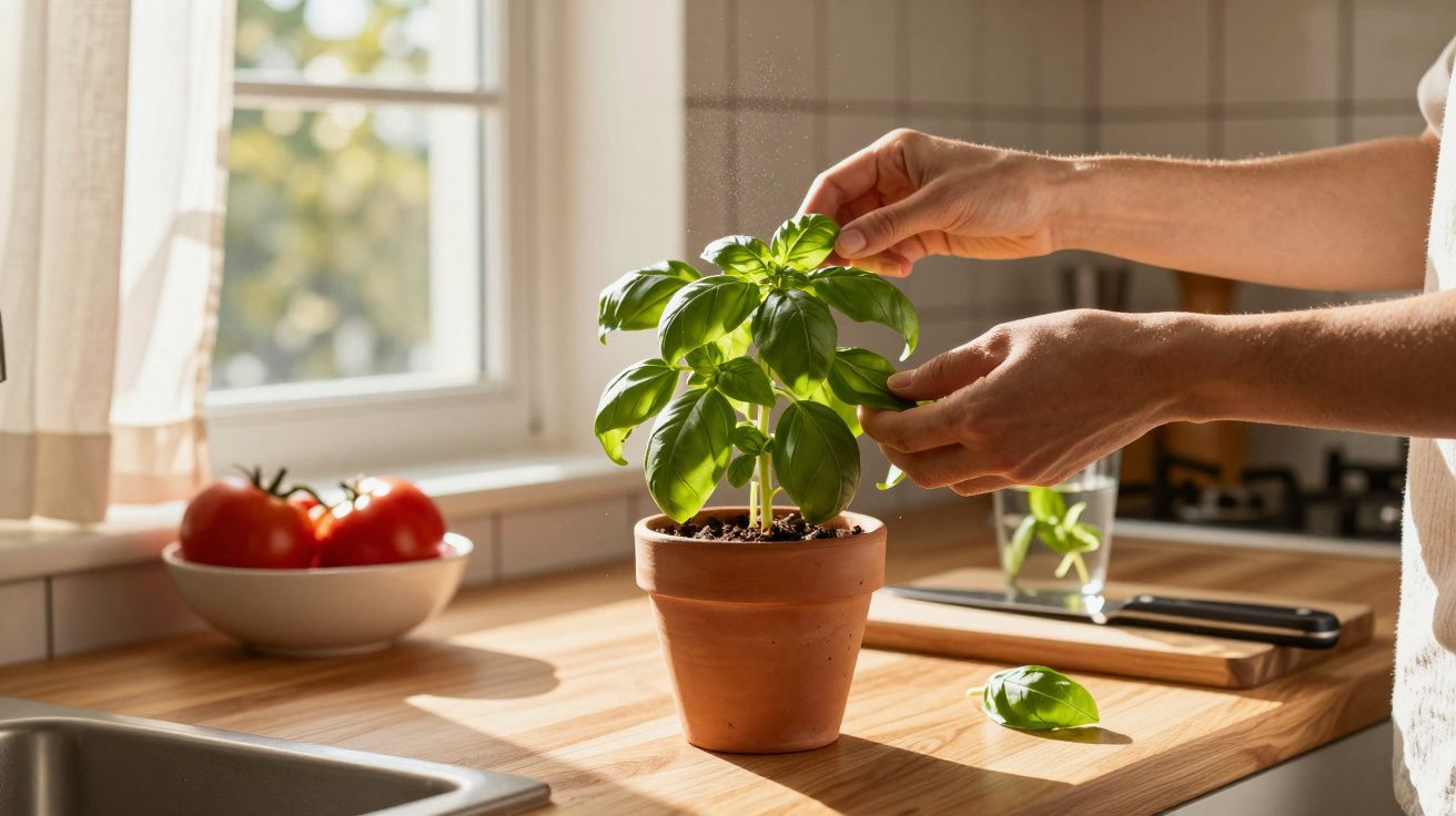 Hands tending to a basil plant in a terracotta pot on a sunlit kitchen countertop near a window