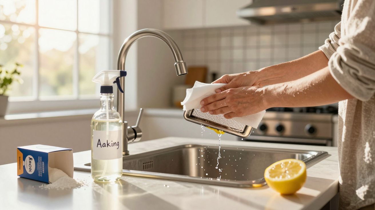 Person rinsing a kitchen grater over a sink with baking soda and a lemon on the counter.
