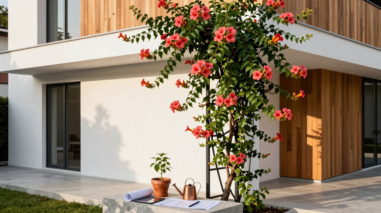 Modern house exterior with wooden panels, a climbing plant with pink flowers, and a small potted plant on stone.