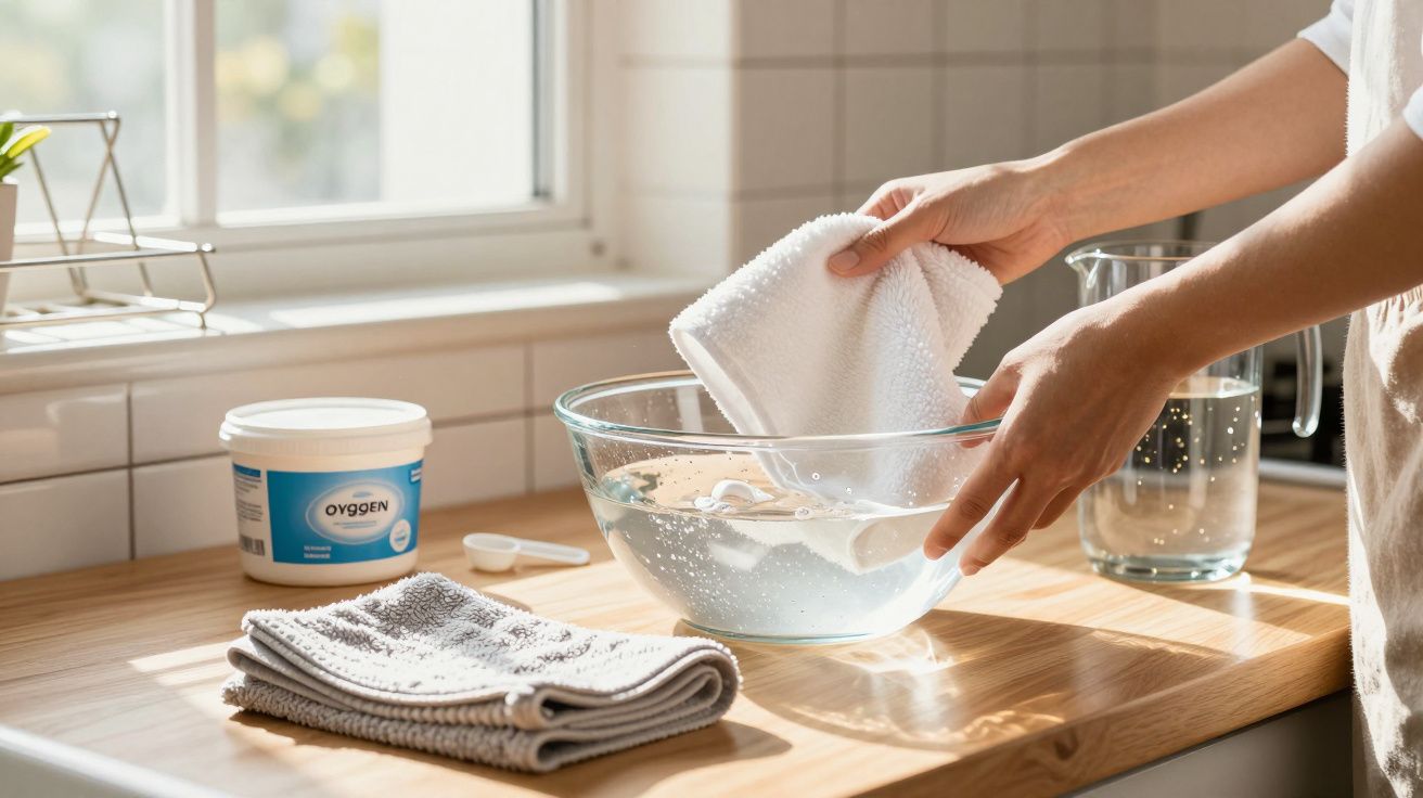 Person rinsing a white cloth in a glass bowl of water on a wooden kitchen countertop.