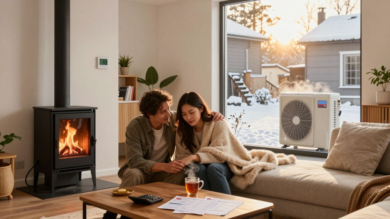 Couple sitting by a fireplace in a cosy living room with snow outside the window at sunset.