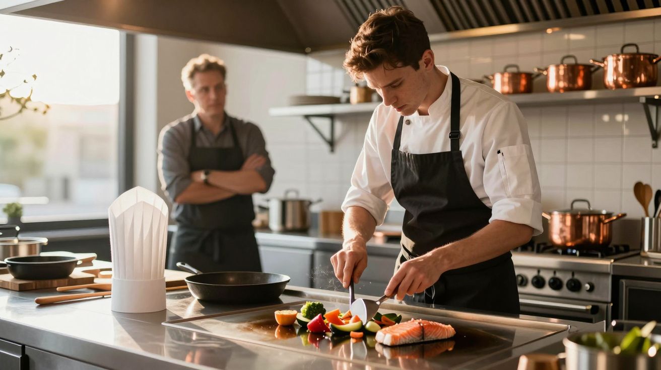 Chef preparing vegetables and salmon on a kitchen counter while another man watches in a professional kitchen.