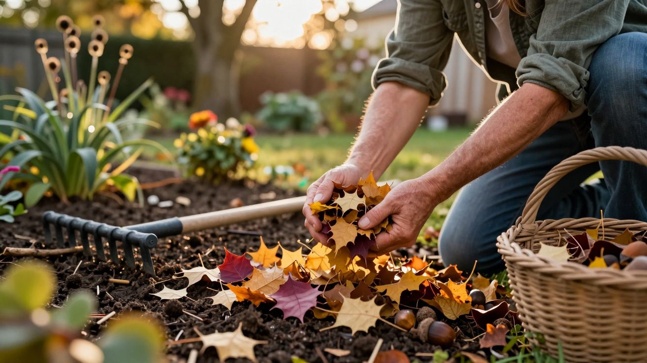 Person gathering colourful autumn leaves in a garden with a rake and wicker basket nearby at sunset.