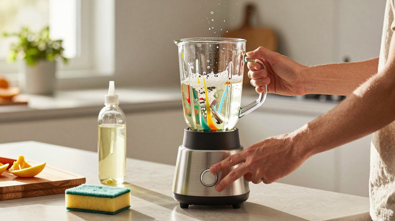 Person blending colourful plastic straws in a blender on a kitchen countertop.