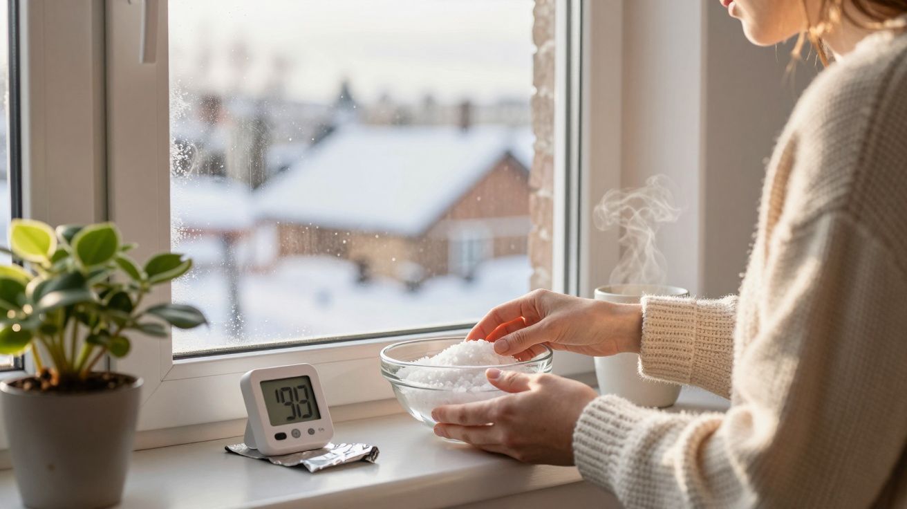 Person holding a bowl of ice near a window with a room thermometer showing 19.3°C on a cold, snowy day.