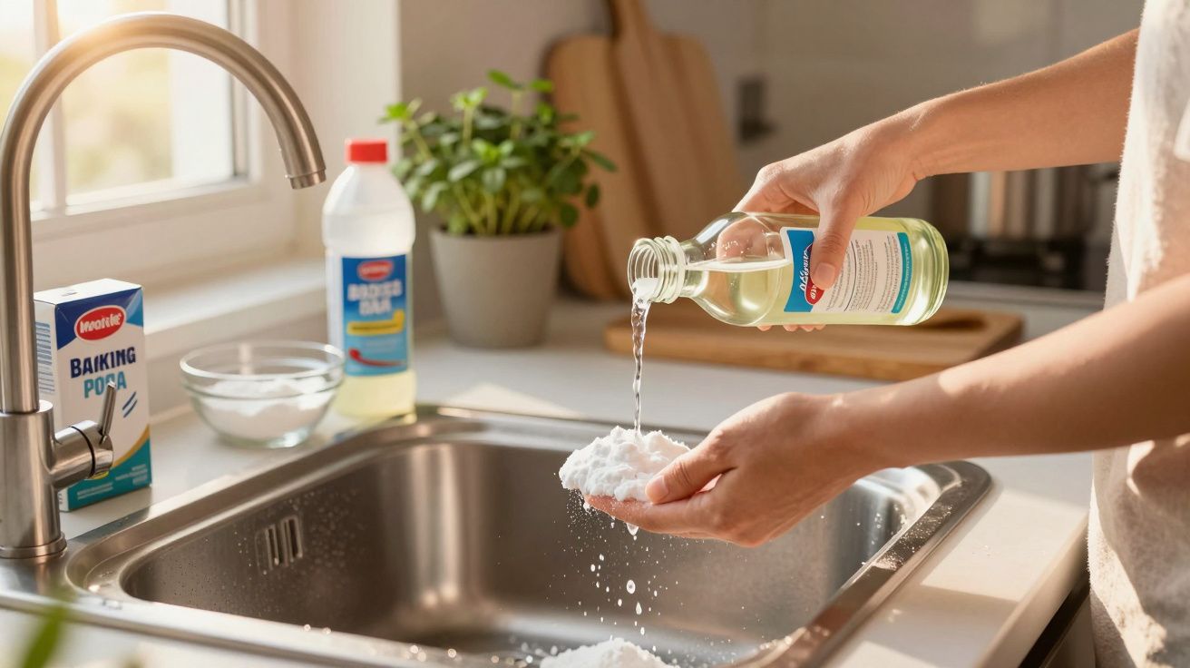 Person pouring vinegar onto baking soda over a kitchen sink for cleaning or science experiment.