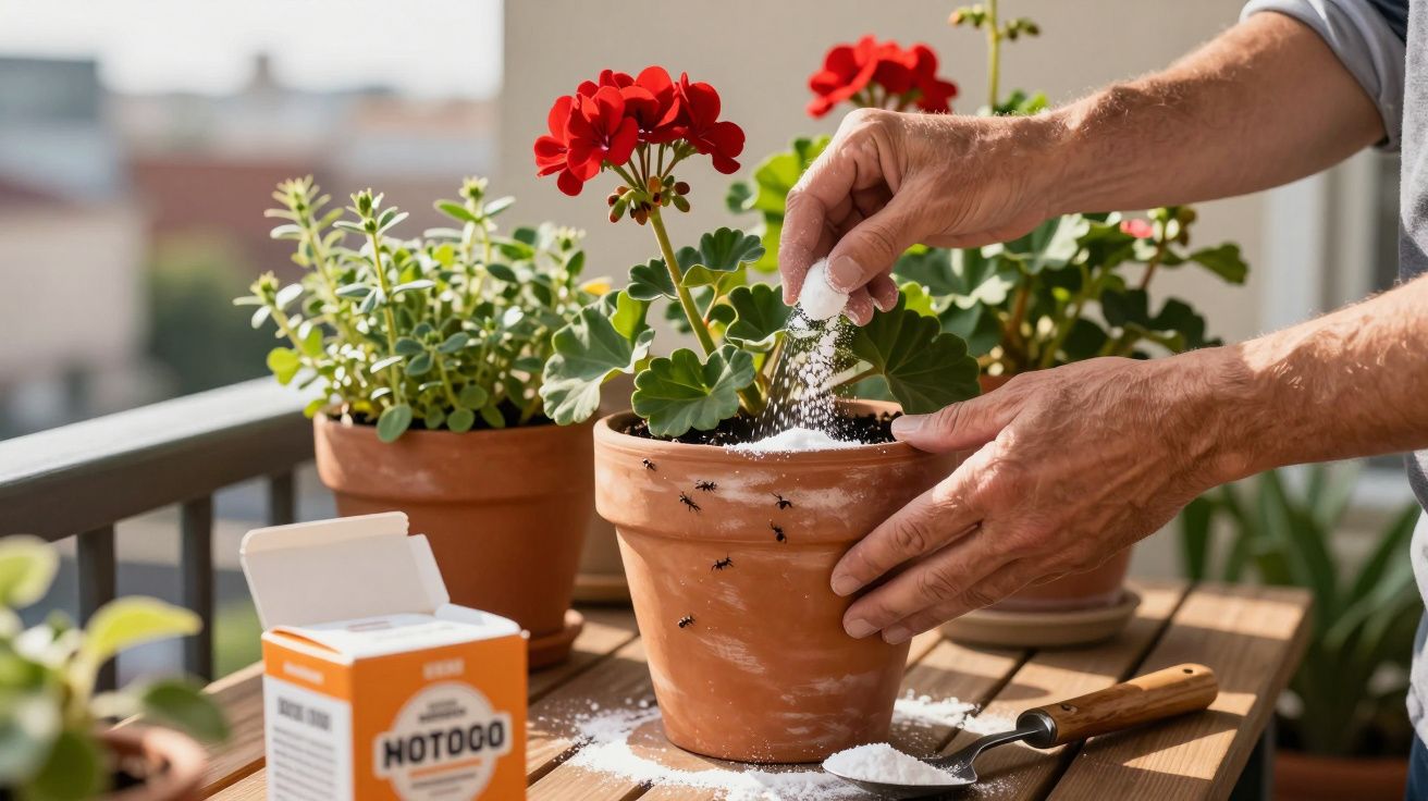 Person sprinkling white powder into terracotta pot with red geranium on a balcony garden table.