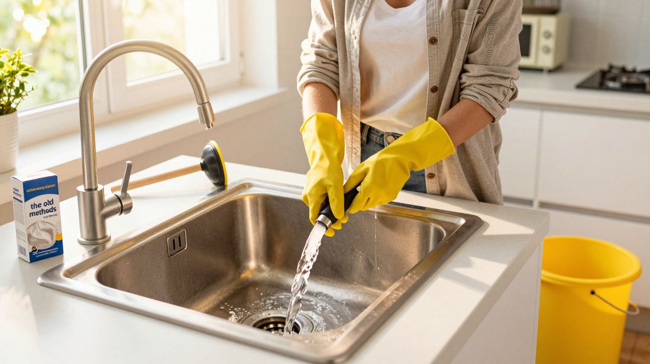 Person wearing yellow gloves using a plunger with running water in a kitchen sink.