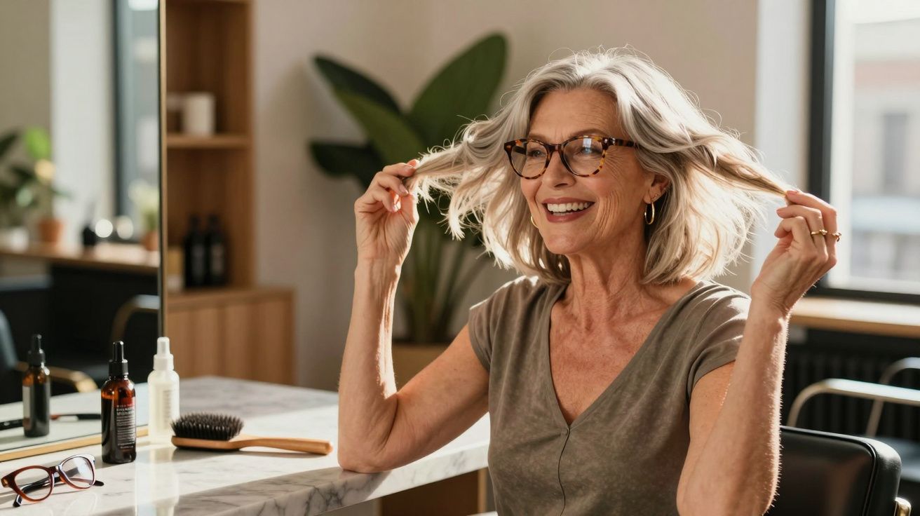 Smiling older woman with glasses touching her short grey hair while sitting at a vanity table with beauty products.