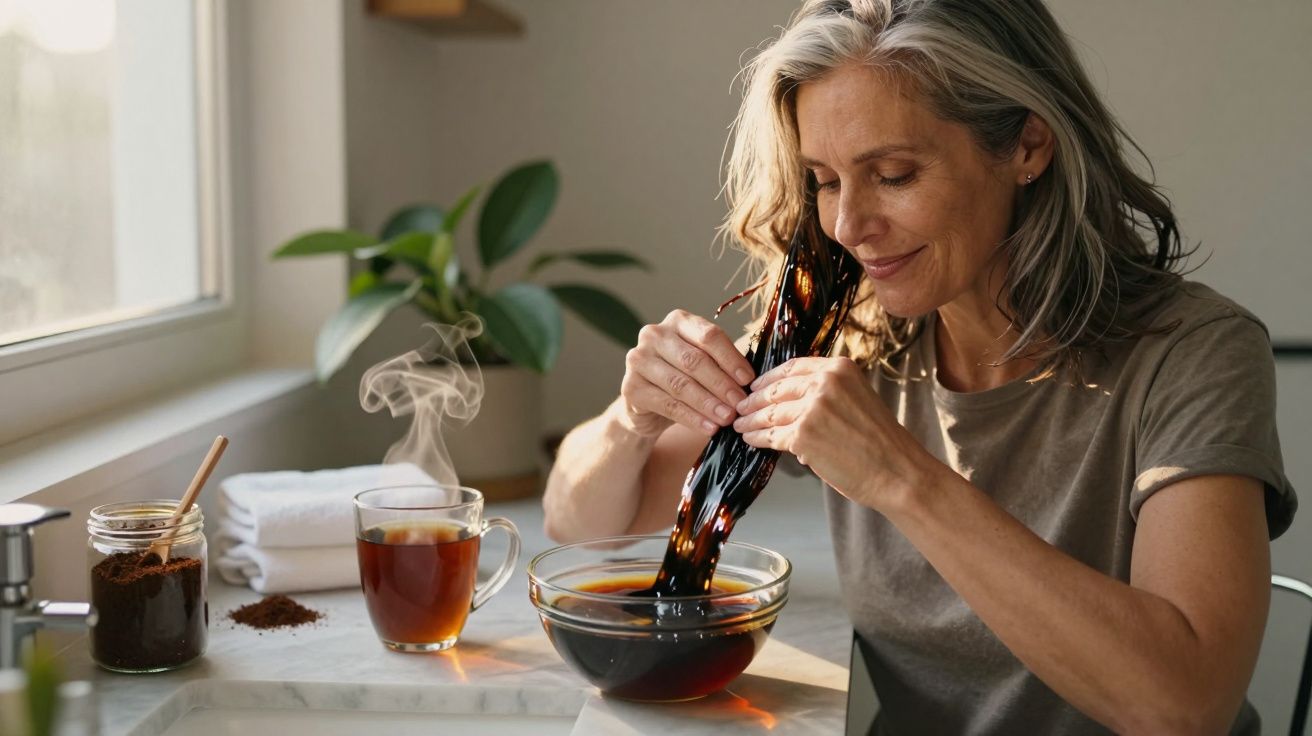 Middle-aged woman smiling while dyeing her hair in a bowl of dark liquid at a sunny kitchen table