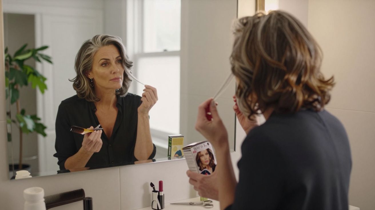 Middle-aged woman holding hair dye strip and brush, looking at herself in bathroom mirror.
