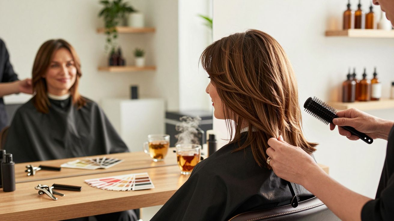 Woman sitting in a salon chair having her hair styled by a hairdresser with colour samples and tea on the table.