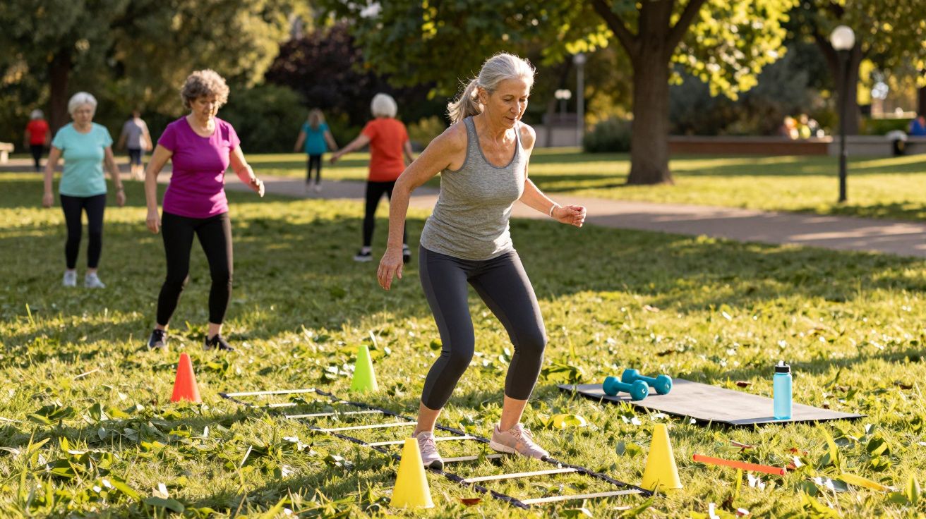 Older women exercising outdoors in a park with agility ladders, cones, and weights on a sunny day.