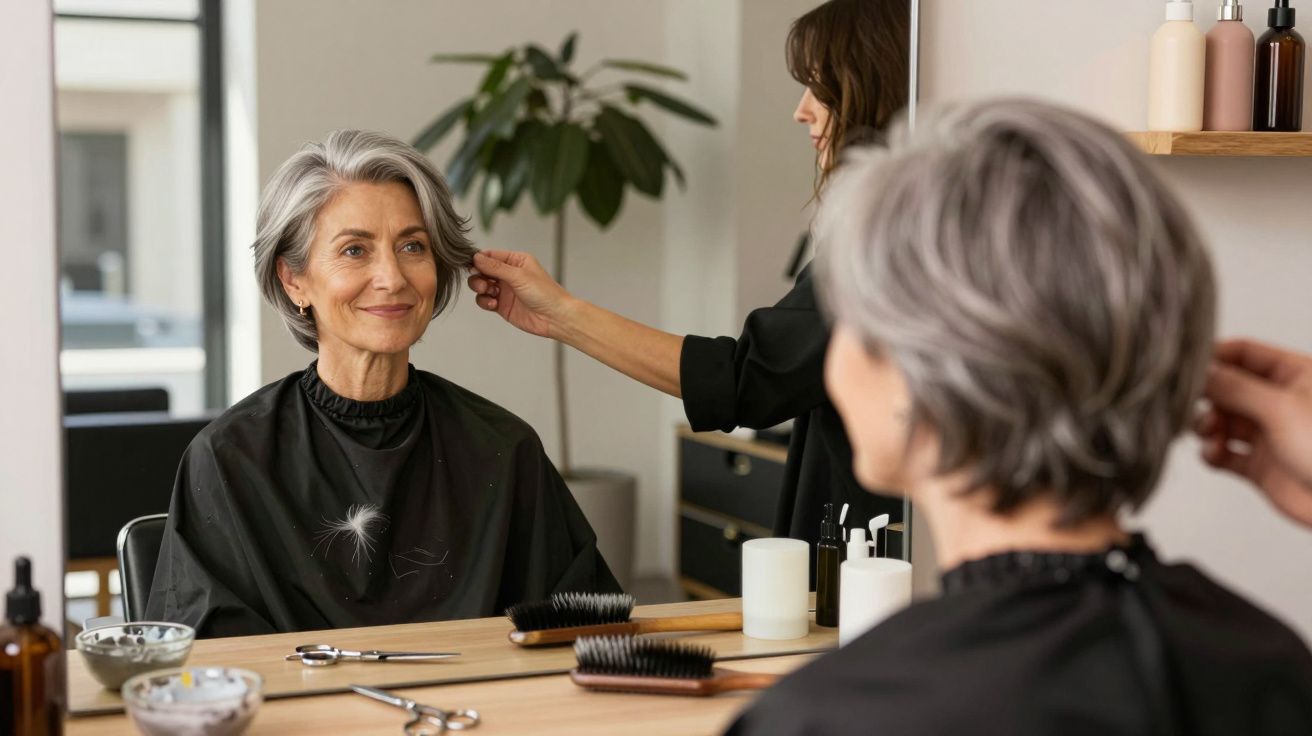 Older woman with grey hair smiling at herself in the mirror while a hairdresser styles her hair in a salon.