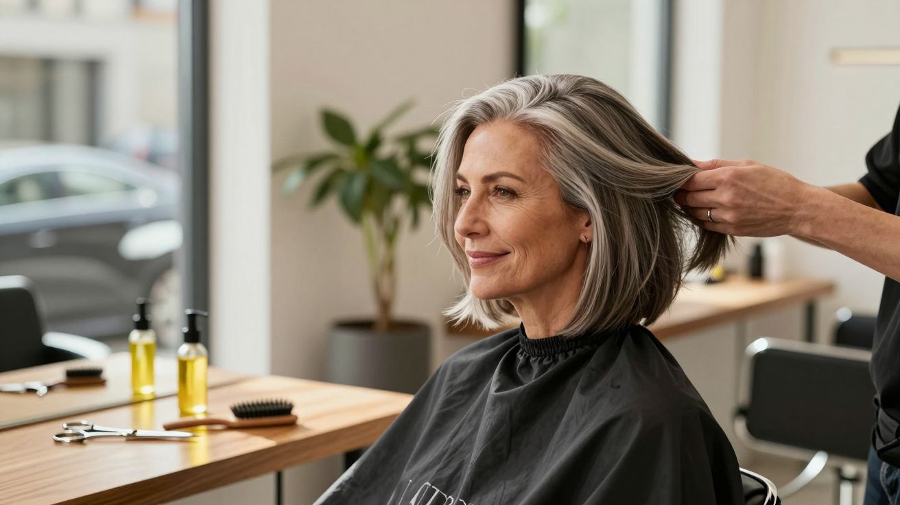 Smiling middle-aged woman with grey bob hairstyle having hair styled at a bright salon.