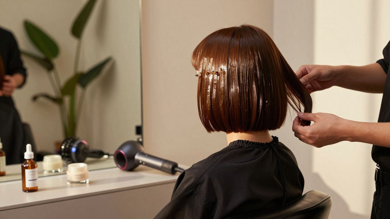 Person with a wet bob haircut receiving a hair treatment at a salon with styling tools on the counter.