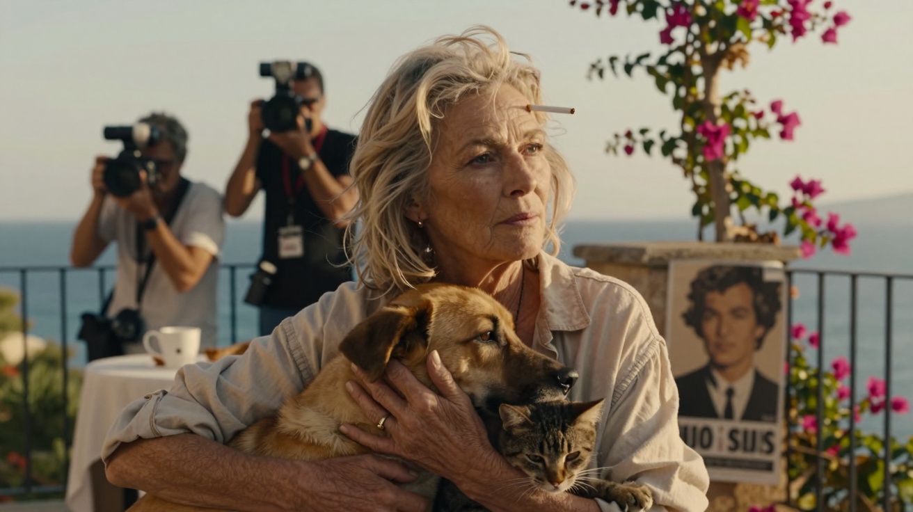 Older woman holding a dog and cat outdoors, photographers in background, seaside and flowers visible.