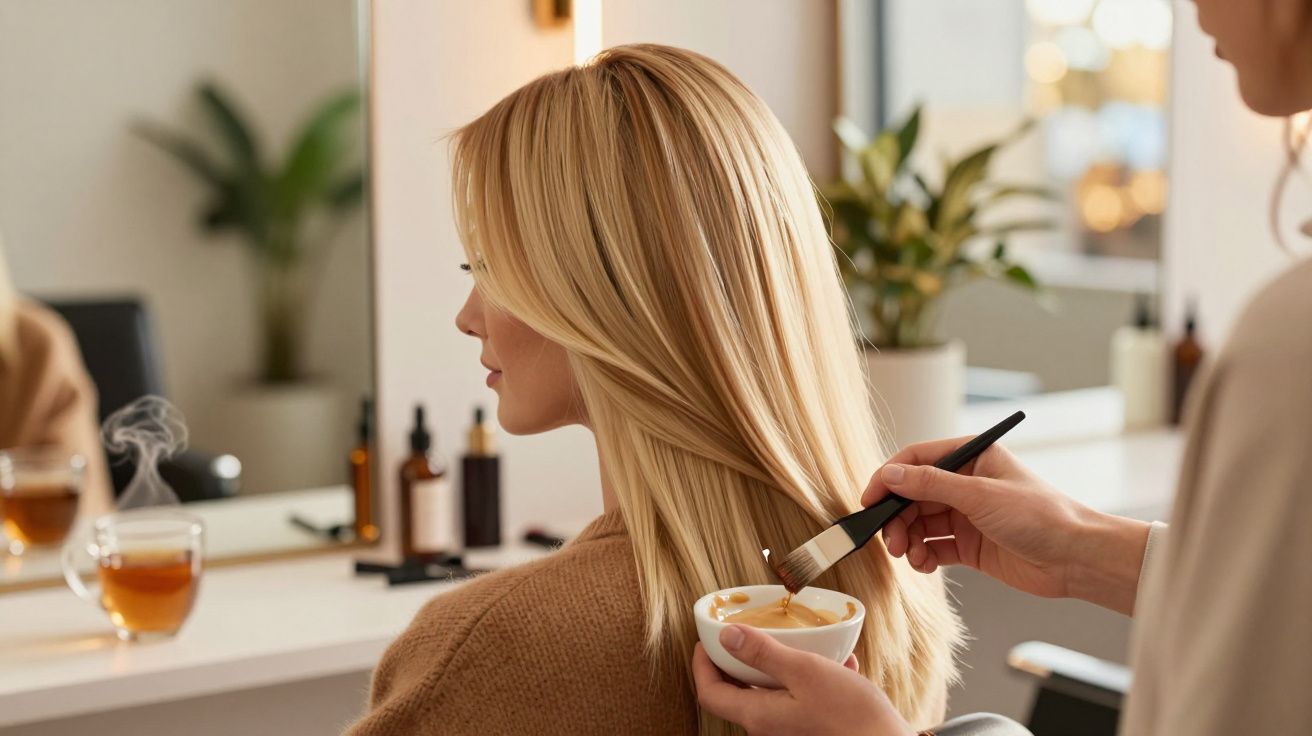 Hairdresser applying warm treatment to long blonde hair in a salon with steaming tea on the counter