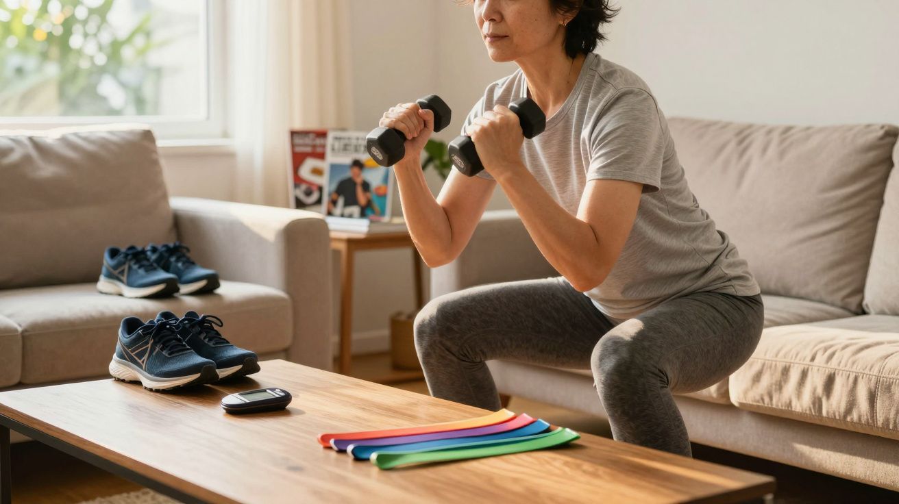 Person doing squats holding dumbbells in a living room with resistance bands and running shoes on a table.