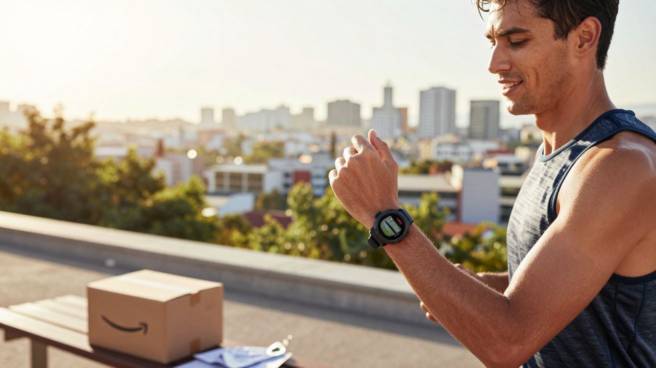 Smiling man in sleeveless top checking smartwatch outdoors with city skyline and parcel on bench in background.