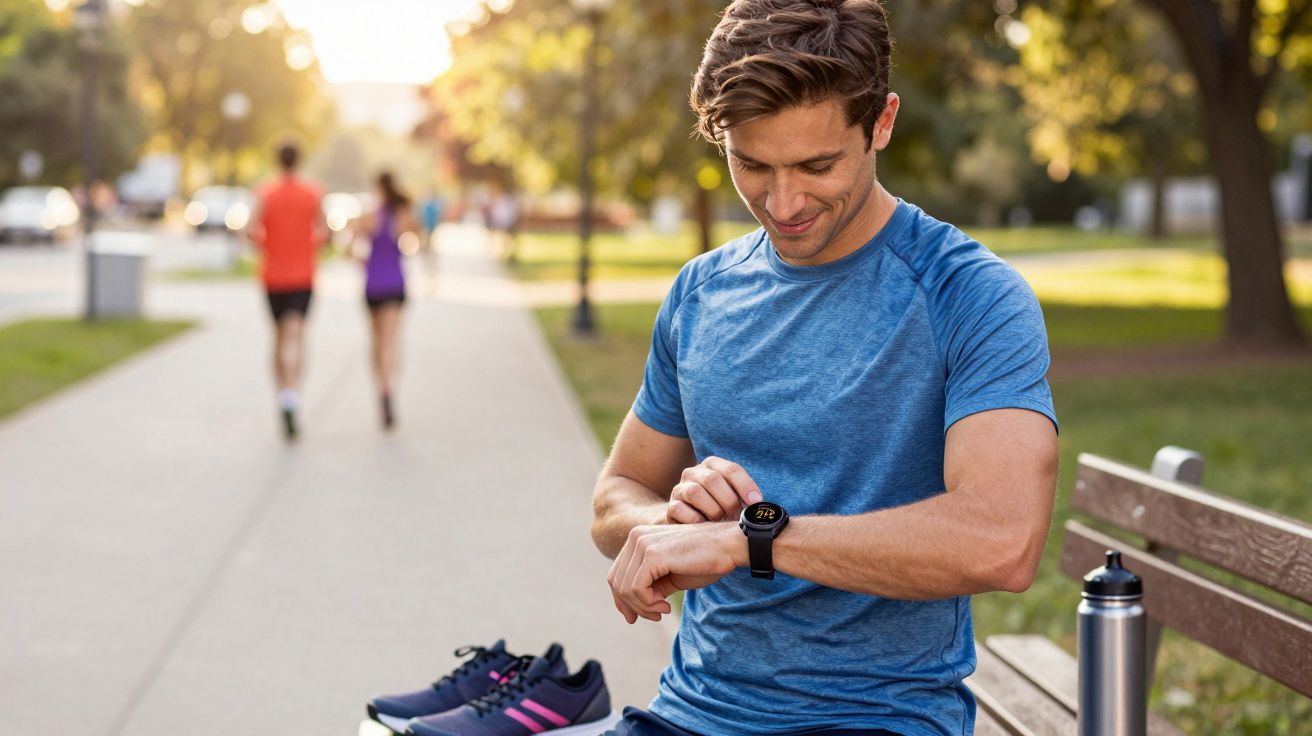 Man in blue sportswear sitting on a bench in a park checking his smartwatch after running.