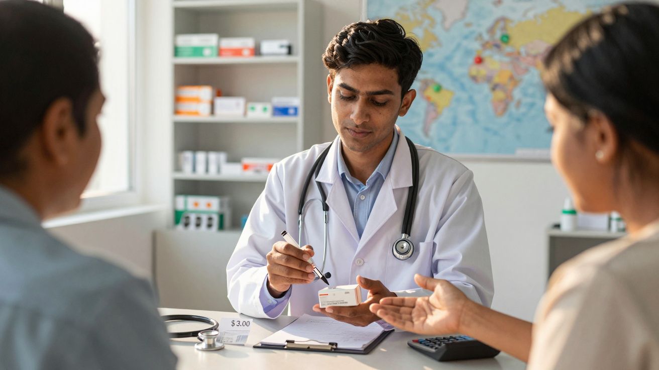 Doctor explaining medication details to patients during a consultation in a medical office.