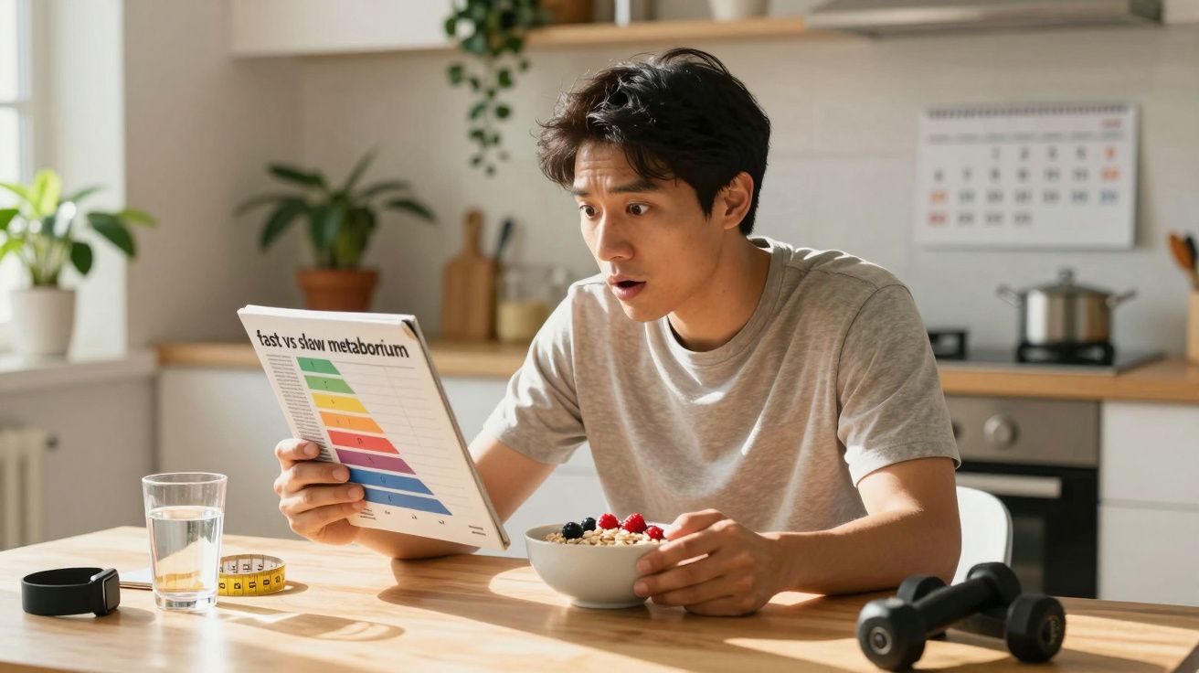 Man in kitchen looking surprised at a chart titled fast vs slow metabolism while holding a bowl of cereal.