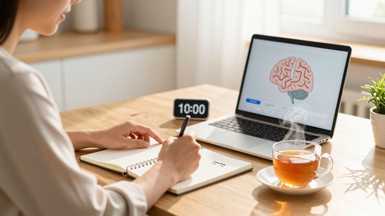 Person taking notes in a notebook with a laptop displaying a brain diagram and a steaming cup of tea nearby.