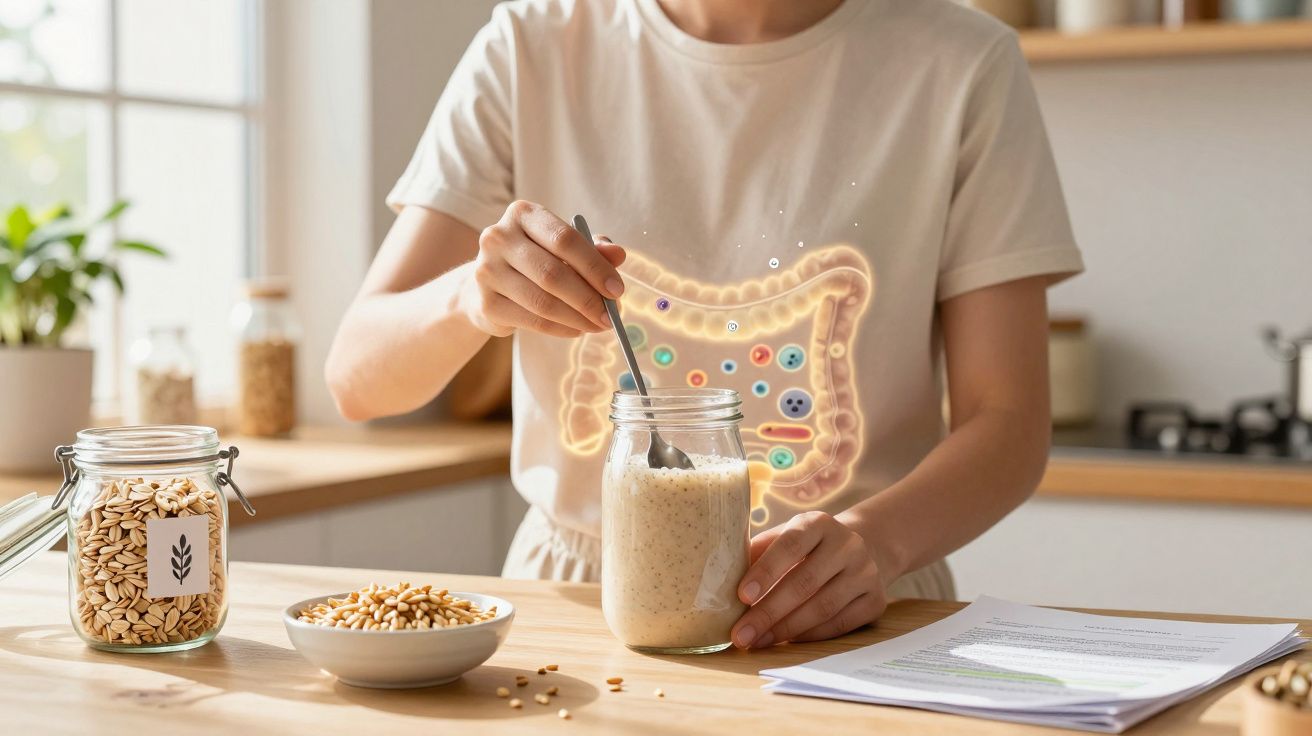 Person stirring a jar of oats with a spoon, with a digital illustration of gut bacteria overlay on their torso.