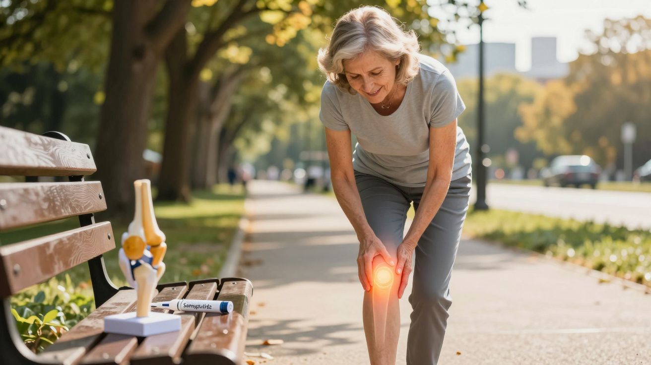 Older woman outdoors holding her knee in pain with a knee joint model and treatment tube on a bench nearby.