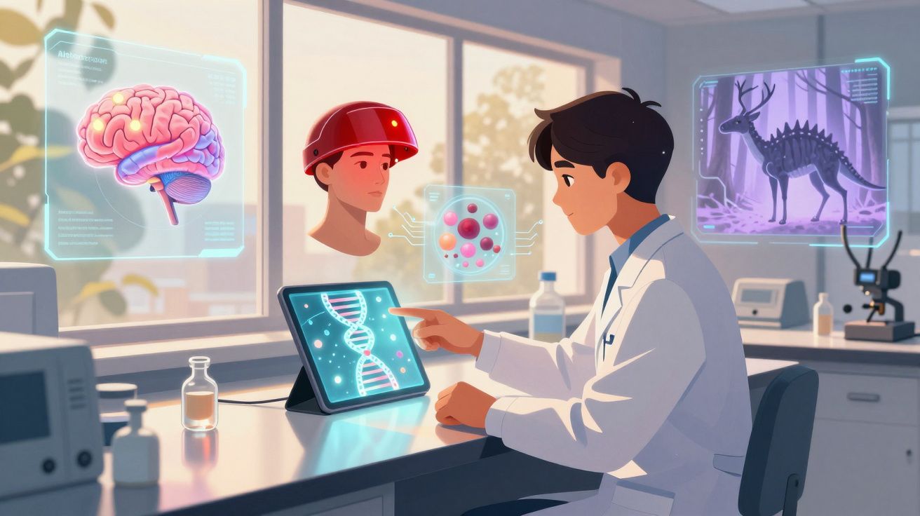 Scientist in lab coat examining DNA on tablet with floating scientific holograms of brain, anatomy, molecules, and dinosaur.