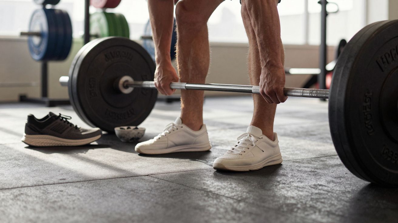 Close-up of a person gripping a heavy barbell on the gym floor, preparing to lift weights.