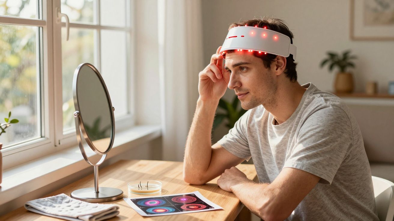 Man wearing a brainwave monitoring headset with red lights, sitting at a wooden table by a window and mirror.