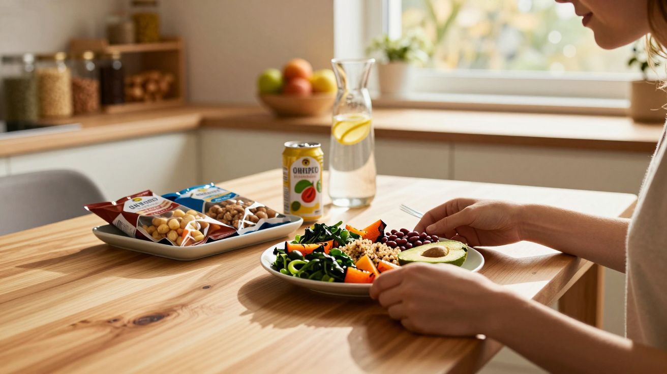 Person sitting at a wooden table with a healthy salad, snacks, and a lemon water pitcher in a bright kitchen.