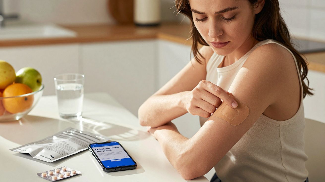 Woman sitting at a kitchen table applying a patch to her upper arm with medication and a phone nearby.
