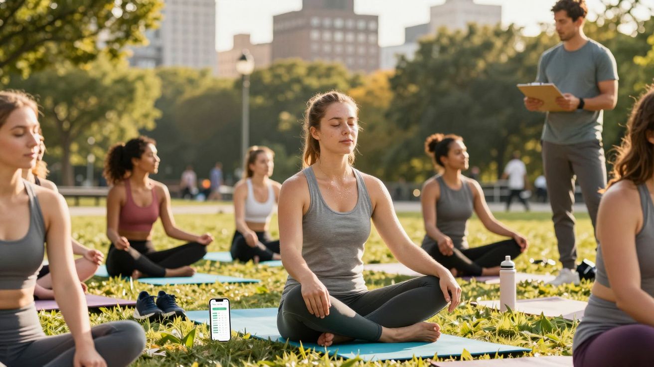 Group of people meditating on yoga mats in a park with a male instructor standing nearby holding a clipboard.