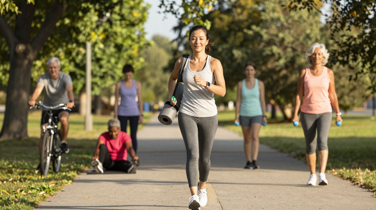 Group of diverse adults exercising outdoors on a sunny park path, including walking, stretching and cycling.