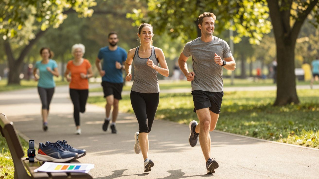 Group of adults jogging on a park path on a sunny day with fitness gear on a bench nearby.